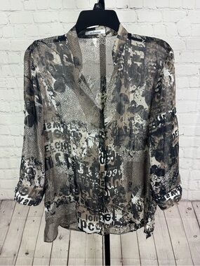 Steilmann Sheer Newspaper Mixed Print Blouse Grey Black Button Down Size 8